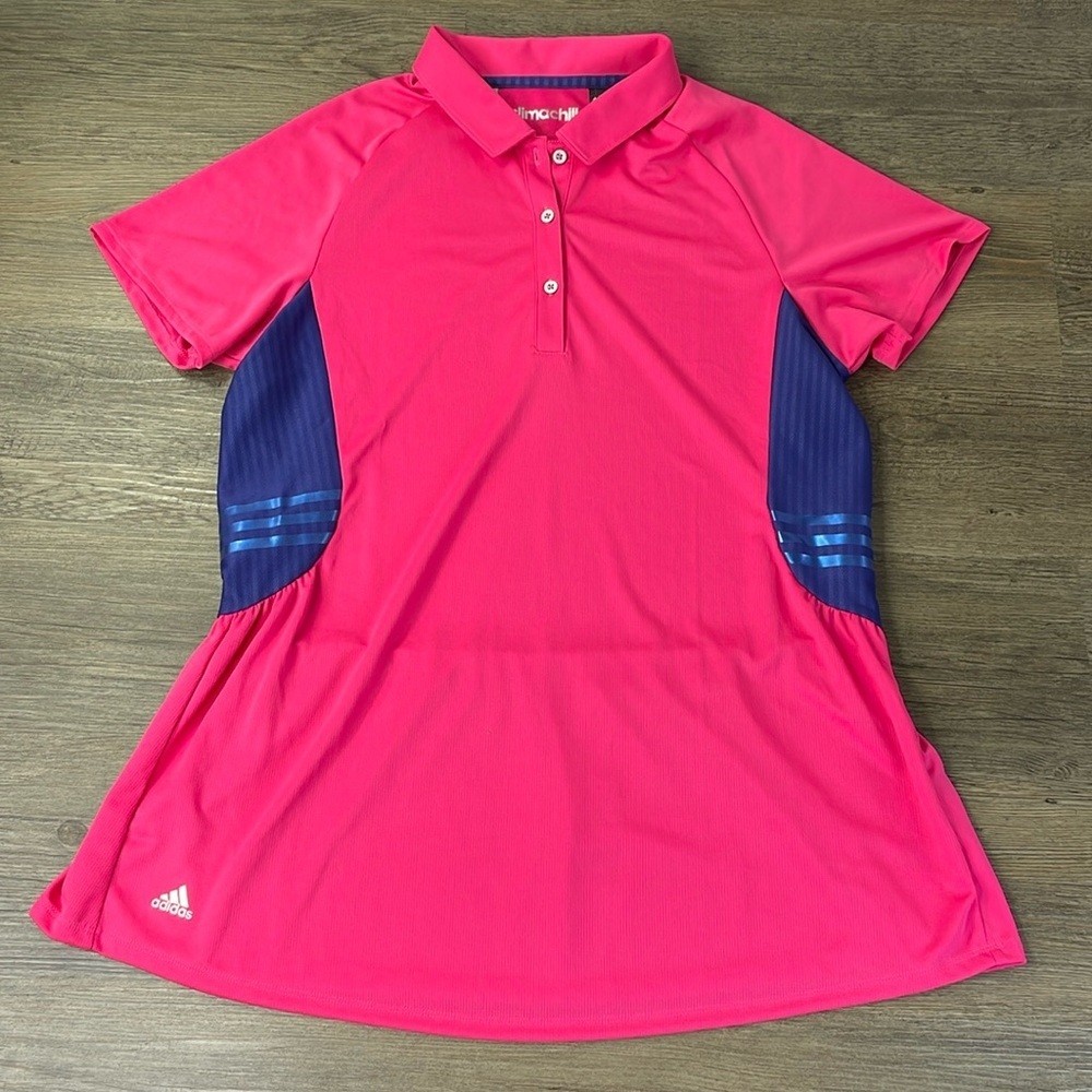 Adidas Women’s Pink Golf Climachill Tour Peplum SS Cooling Polo Top, size Large - Picture 1 of 9